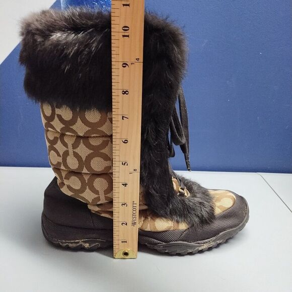 Coach Jennie Signature Winter Boots Womens Sz 9.5 Brown Black Rabbit Fur Lace Up - Picture 9 of 15